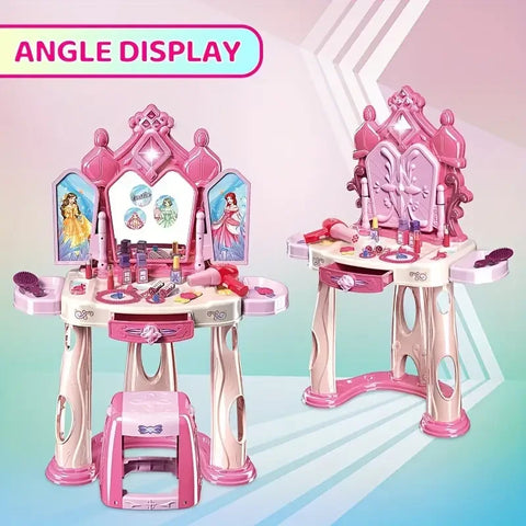 Pretend Play Girls Makeup Table Set With Stool,Open Doors,Kids Vanity Set With Lights And Music,Pretend Makeup,Christmas Gifts