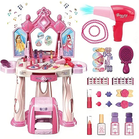 Pretend Play Girls Makeup Table Set With Stool,Open Doors,Kids Vanity Set With Lights And Music,Pretend Makeup,Christmas Gifts