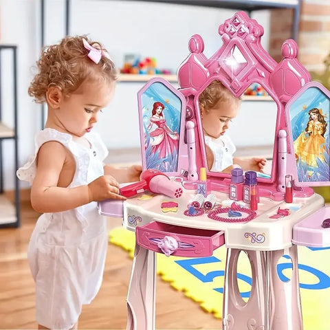 Pretend Play Girls Makeup Table Set With Stool,Open Doors,Kids Vanity Set With Lights And Music,Pretend Makeup,Christmas Gifts