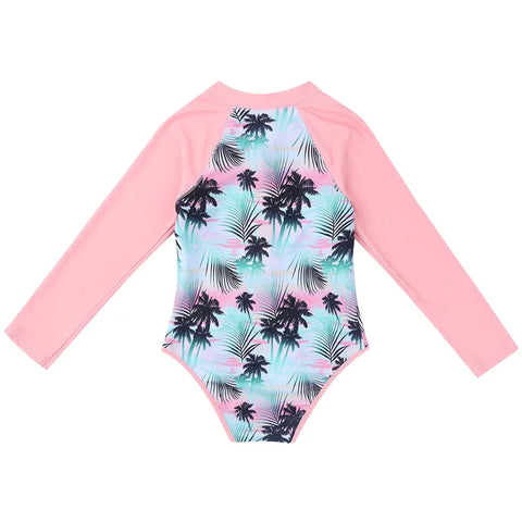 Summer Swimming One-piece Kids Girls Swimsuit Rash Guard Long Sleeves Palm Printed Zippered Bathing Suit Swimwear Beach Wear