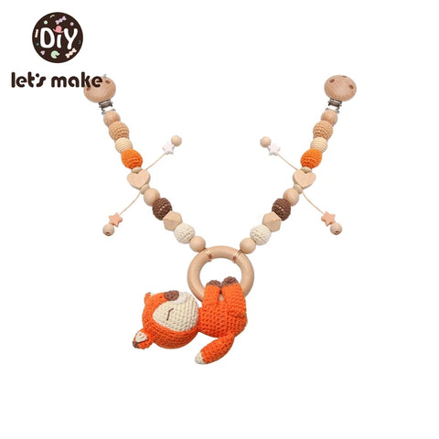Let's Make Wood Teether Baby Bed Hanging Rattles Toy Make Noise Bird Elephant Shape Crochet Beads Bracelet Pram Clip Baby Rattle