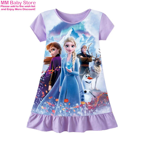 Mermaid Anna Elsa Dress Girls Nightdress Clothes Cartoon Pajamas Children's Clothing ShortSleeve Pajamas Dress Kids Family Wear