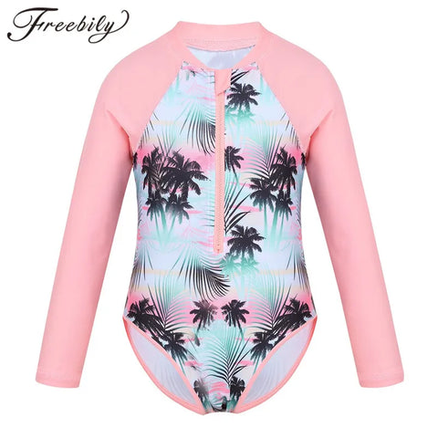 Summer Swimming One-piece Kids Girls Swimsuit Rash Guard Long Sleeves Palm Printed Zippered Bathing Suit Swimwear Beach Wear