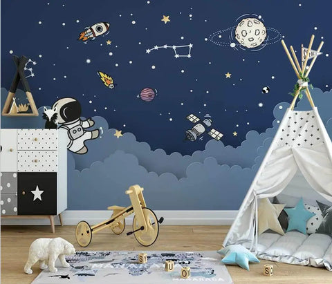 custom cartoon universe starry sky clouds astronaut wallpaper for Child's room decoration TV background 3D Stickers　wall paper