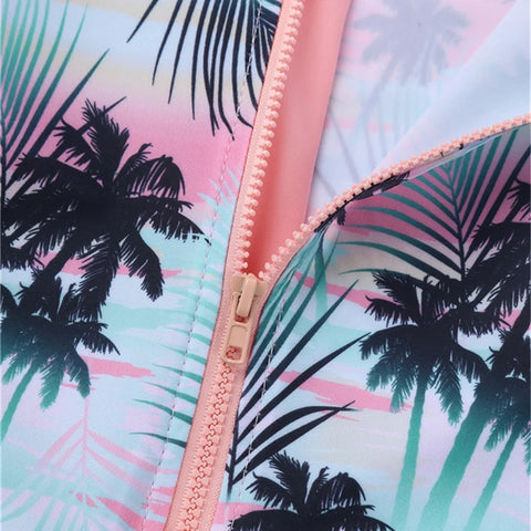 Summer Swimming One-piece Kids Girls Swimsuit Rash Guard Long Sleeves Palm Printed Zippered Bathing Suit Swimwear Beach Wear