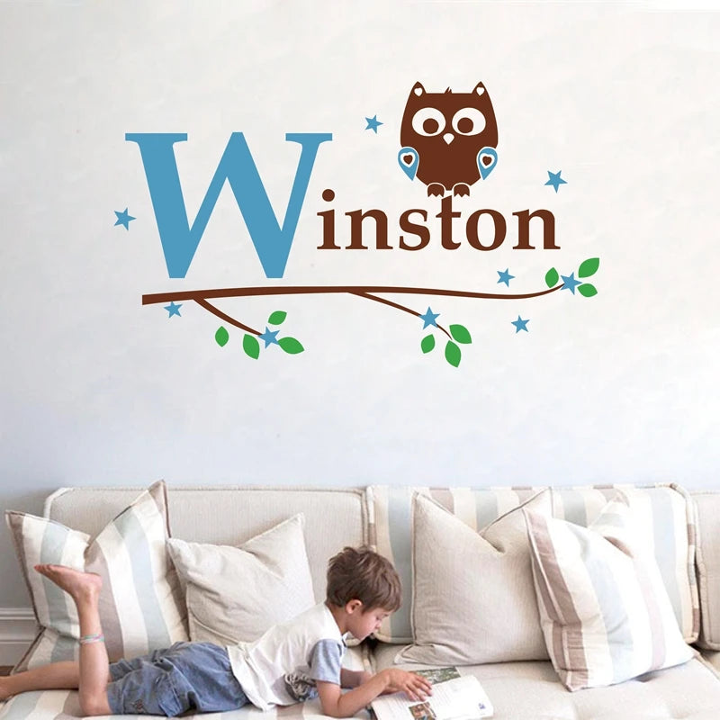 Personalized Kids Boy Name Owl Wall Decal Sticker ,Custom Name Owl Tree Vinyl Stickers Baby Boy Bedroom Wall Decoration