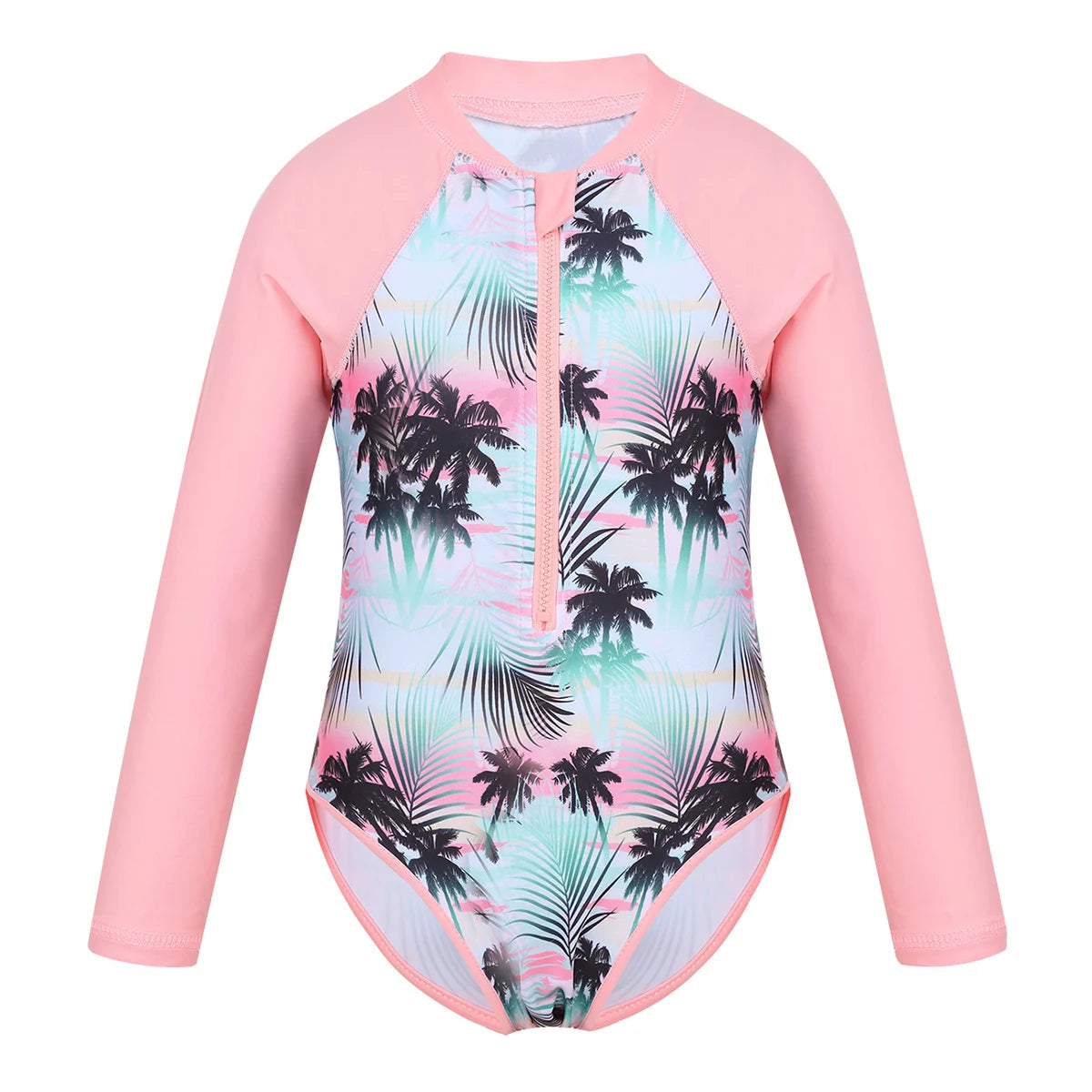 Summer Swimming One-piece Kids Girls Swimsuit Rash Guard Long Sleeves Palm Printed Zippered Bathing Suit Swimwear Beach Wear