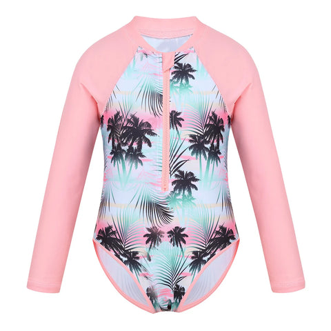 Summer Swimming One-piece Kids Girls Swimsuit Rash Guard Long Sleeves Palm Printed Zippered Bathing Suit Swimwear Beach Wear