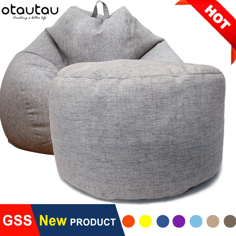 OTAUTAU Linen Bean Bag Chair with Filling Stuffed Beanbag Footstool Pouf Ottoman Chair Tatami Round Futon Puff Relax Furniture