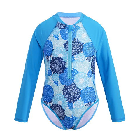 Summer Swimming One-piece Kids Girls Swimsuit Rash Guard Long Sleeves Palm Printed Zippered Bathing Suit Swimwear Beach Wear