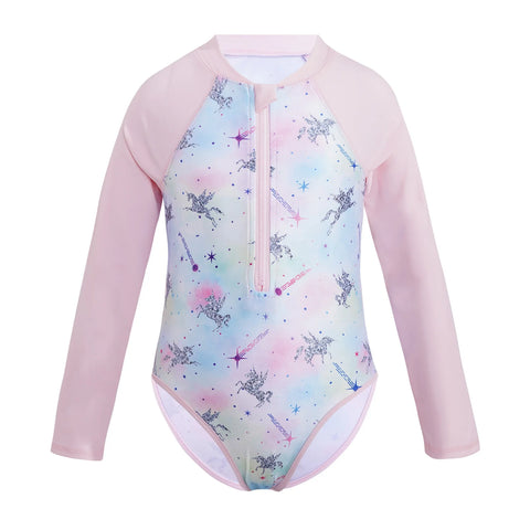 Summer Swimming One-piece Kids Girls Swimsuit Rash Guard Long Sleeves Palm Printed Zippered Bathing Suit Swimwear Beach Wear