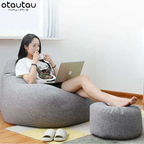 OTAUTAU Linen Bean Bag Chair with Filling Stuffed Beanbag Footstool Pouf Ottoman Chair Tatami Round Futon Puff Relax Furniture