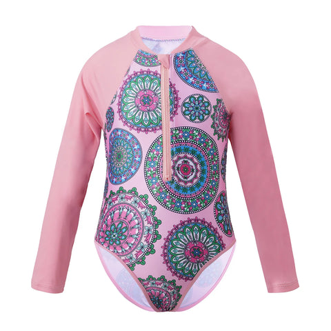 Summer Swimming One-piece Kids Girls Swimsuit Rash Guard Long Sleeves Palm Printed Zippered Bathing Suit Swimwear Beach Wear