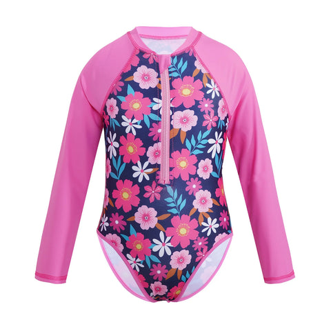 Summer Swimming One-piece Kids Girls Swimsuit Rash Guard Long Sleeves Palm Printed Zippered Bathing Suit Swimwear Beach Wear