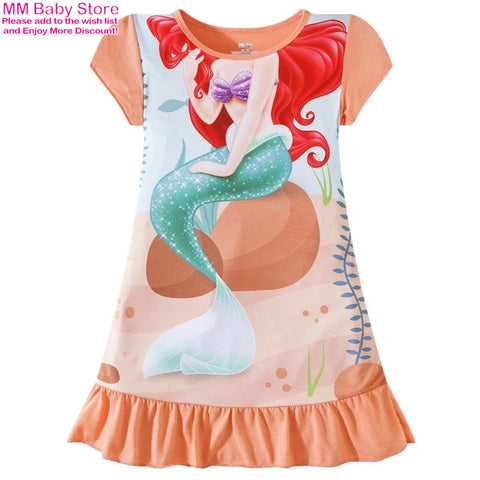 Mermaid Anna Elsa Dress Girls Nightdress Clothes Cartoon Pajamas Children's Clothing ShortSleeve Pajamas Dress Kids Family Wear