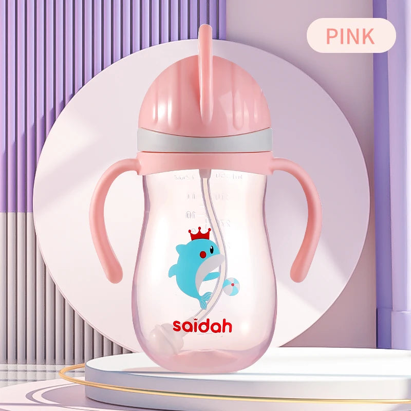 350ml V Shape Straw Sippy Cup Infant Baby Slide Lid Training Drinking Water Bottle Cups Cartoon Style Pattern Design