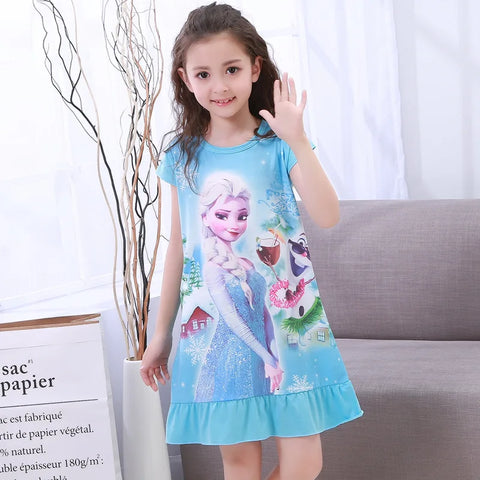 MINISO Girls Night Dress Summer Disney Cartoon Snow White Frozen Princess Elsa Mermaid Print Toddler Girl Nightgown for Teens