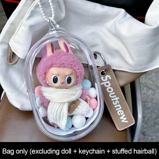 Colorful Transparent Protector Case Organizer Box for 17cm Labubu Plush Dolls Outdoor Display Bag With Keychain Doll Accessories
