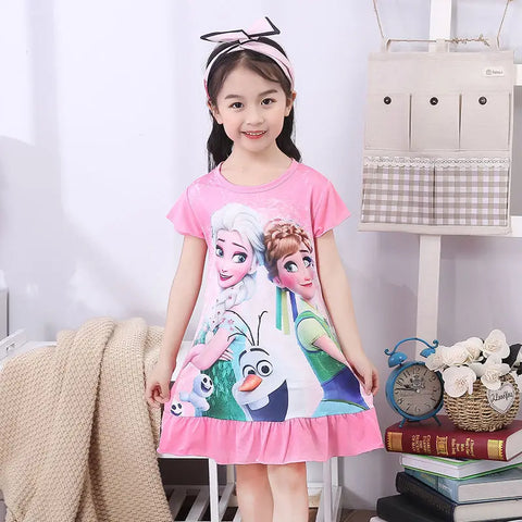 MINISO Girls Night Dress Summer Disney Cartoon Snow White Frozen Princess Elsa Mermaid Print Toddler Girl Nightgown for Teens