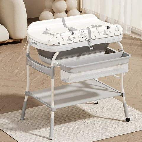 Baby Changing Table with Bathtub 2 in 1 Portable Foldable Infant Diaper Changing Table with Storage Tray 2 Wheels Anti-rollover