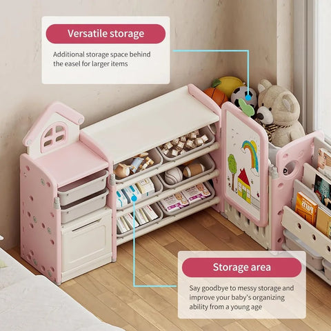 Kids Multifunctional Toy Storage Organizer with 3-Tier Bookshelf, Storage Rack & Drawing Board, Flexible L Shaped Organizer