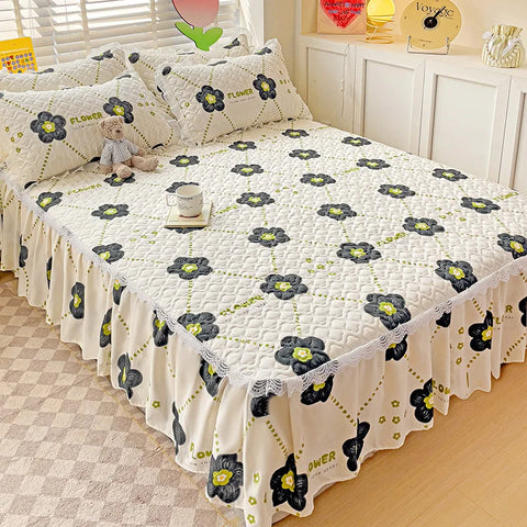 Bonenjoy Bed Skirt Cartoon Style Bed Cover Ruffled Bedsheet falda de cama Quilted Mattress Covers Lace Bedspread (No Pillowcase)