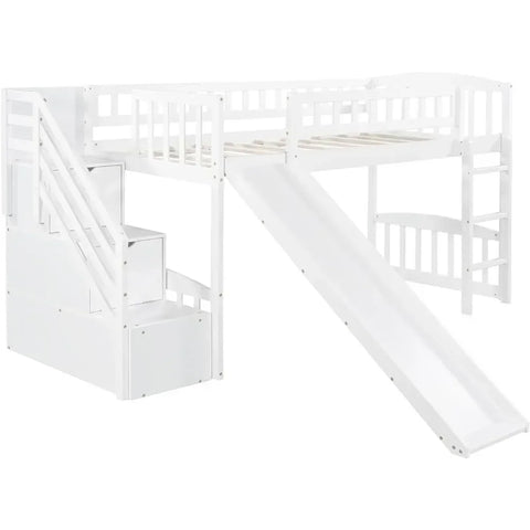 Bunk Beds.Twin Loft Bed with Slide for Kids, Wood Slide Loft Bed with Stairs and Built-in Ladder, No Box Spring Needed