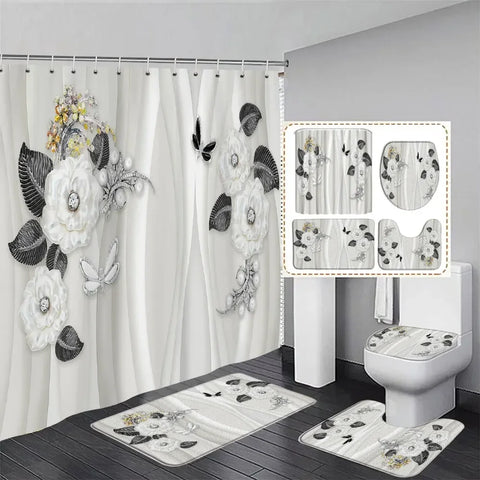 Elegant Bouquet of Fantastic White Flowers 3D Style Shower Curtain Bathroom Curtain with Bath Rug Carpet Set Floral Home Decor