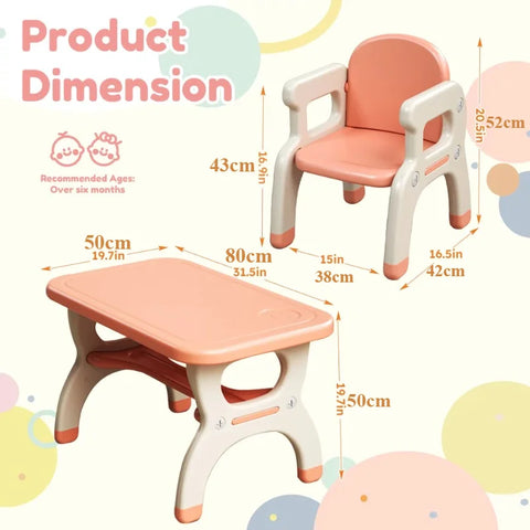 Kids Learning Desk and Chair Set Dining Table for Infants Kids Preschoolers Super Load-bearing Kids Table Set 50 cm X 80 cm Pink