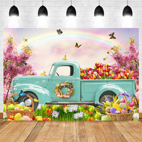 Happy Easter Backdrop for Photography Spring Easter Rabbits Colorful Eggs Forest Flower Fence Background Photo Studio Props