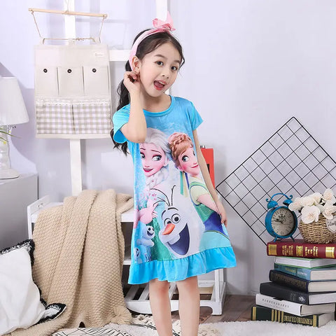 MINISO Girls Night Dress Summer Disney Cartoon Snow White Frozen Princess Elsa Mermaid Print Toddler Girl Nightgown for Teens