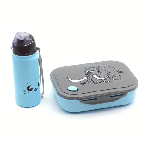 Cartoon Elephant Pattern Kids Lunch Box With Water Bottle Sets Food Grade PP Bento Box Safe Portable Lunch Box