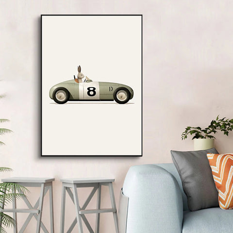 Funny Cartoon Animals Car Art Nursery Wall Poster Print Giraffe Bear Rabbit Children Kid Room Canvas Painting Home Decor Picture