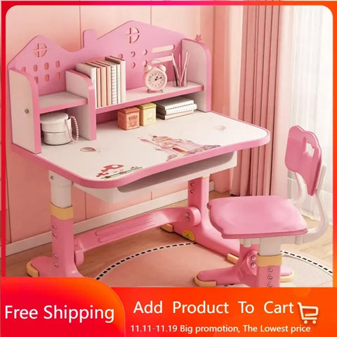 Kids Adjustable Study Desk & Chair Set w/Storage,Drawers,Bookshelf,Child Toddler Writing Homework Table