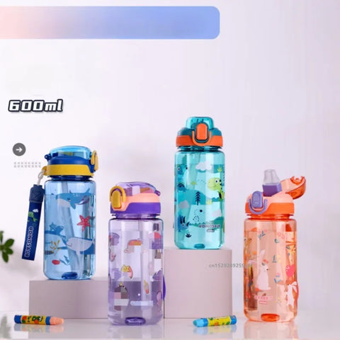 400-650ML Kids Cartoon Water Bottles Leakproof Water Sippy Cup with Straw and Strap Portable Drinking Bottle for Childre