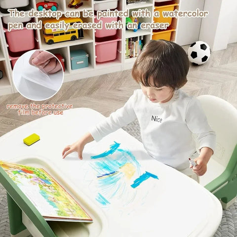 Kids Drawing Table and Chair Set with Watercolor Pen and Blackboard Eraser, Activity Table with Storage Shelf, Toddler Furniture