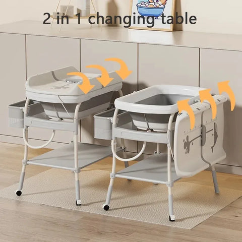 Baby Changing Table with Bathtub 2 in 1 Portable Foldable Infant Diaper Changing Table with Storage Tray 2 Wheels Anti-rollover