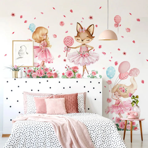 3pcs Pink Cartoon Animal Fox Wall Stickers Kids Room Girl Bedroom Background Decorative Wall Sticker Wallpapers Home Decor Ms556