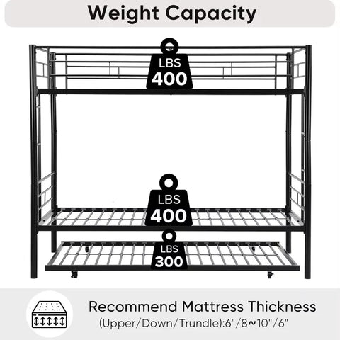 Twin Over Twin Bunk Bed with Trundle, Twin Bunk Beds for 3 Kids/Youths, Metal Bunkbed W/ 2 Ladders & Full-Length Guardrails