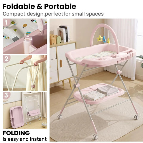 Baby Portable Diaper Changing Table, Folding Diaper Changing Station with Wheels, Adjustable Height Diaper Station with Nursery