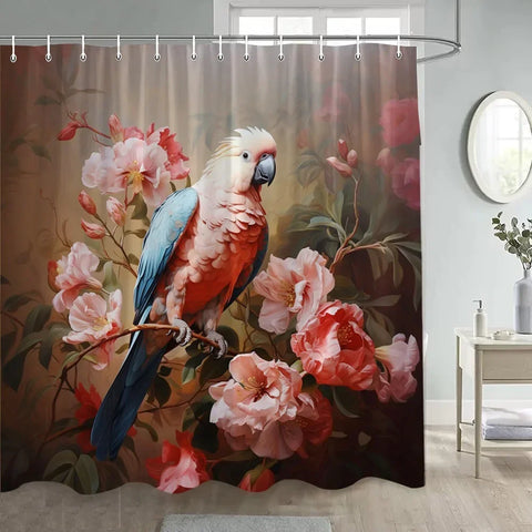 Japanese Style Flowers Bird Shower Curtain Abstract Mountain Red Floral Plant Ink Art Landscape Fabric Decor Bathroom Curtains