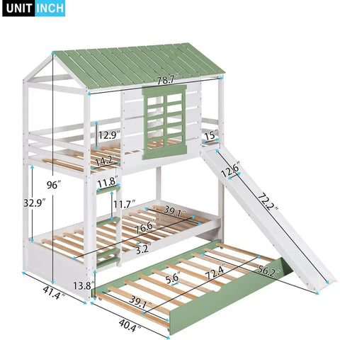 House Bunk Bed with Slide and Trundle, Wood Playhouse Bunk Bed Frames with Convertible Slide and Ladder Children Beds Furniture