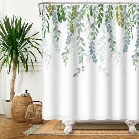 Green Plant Leaf Vines Flowers Shower Curtain Print Modern Nordic Minimalist Polyster Home Decor Bathroom Curtain with Hooks