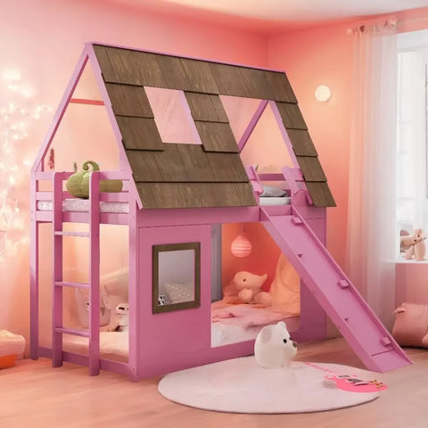 Twin Over Twin House Bunk Bed with Roof and Window Wood Low Bunk Bed with Slide and Built-in Ladder Kids Bunk Bed Frame