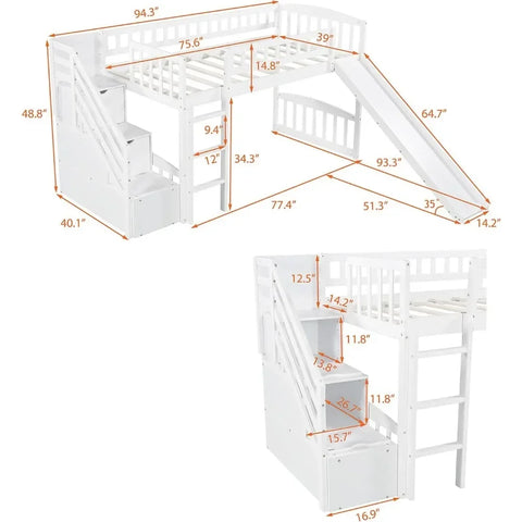 Bunk Beds.Twin Loft Bed with Slide for Kids, Wood Slide Loft Bed with Stairs and Built-in Ladder, No Box Spring Needed