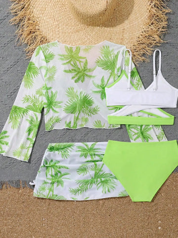 Girls 4pack Coconut Palm Print Bikini Sets with Beach Skirt&Long Sleeve Crop Top Kids Swimsuit 7-12 Years Children's Swimwear