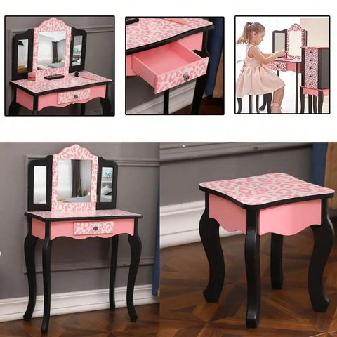 Kids Vanity Set Table and Stool with Drawer Dressing Mirror Pink Girls Gifts