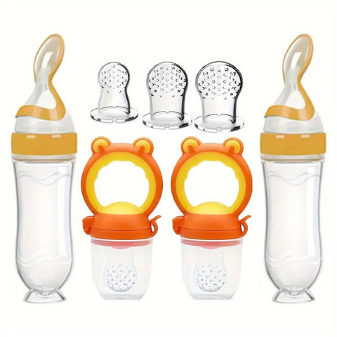 7pcs Baby Feeding Set: 2pcs Soft Silicone Feeding Bottle with Spoon,2pcs Fruit Feeder Pacifier with 3-Size Nipples
