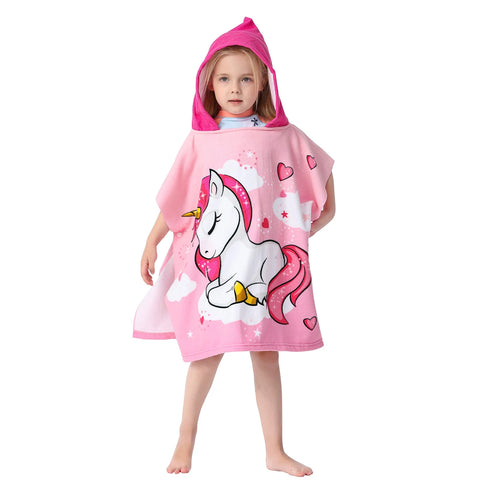 80-130cm Kids Hooded Bath Beach Poncho Towels Baby Quick Dry Bathrobe Child Cartoon Poncho Towels Microfiber Swim Cover-ups