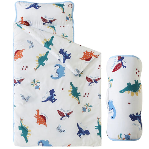 Dinosaurs Printed Sleeping Bag with Removable Pillow Soft Sleeping Mat for Boys Girls Preschool Ages 3-6 Years 100% Cotton
